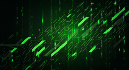Obraz premium Abstract Green Circuit Board Background with Binary Code - Futuristic Technology Design