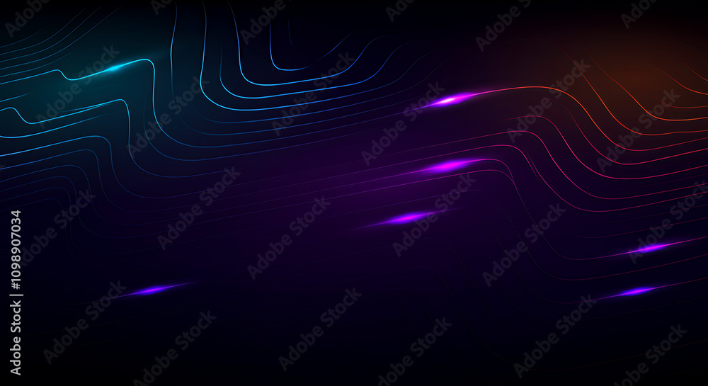 Poster abstract dark background with neon glowing lines and waves - futuristic tech design