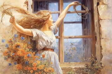 Obraz premium a young woman with long blond hair standing at the window of an old house. 