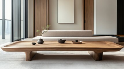 Fototapeta premium Modern living room with a sleek wooden coffee table, minimalist decor, and a serene atmosphere, perfect for displaying home accessories and stylish settings.