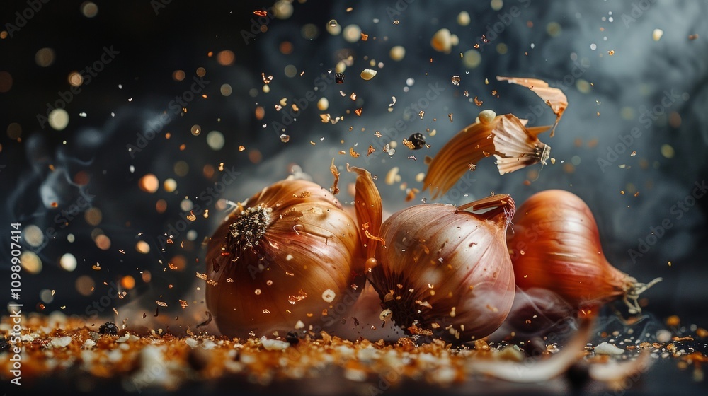 Aufkleber exploding onions with spices in a dramatic culinary scene