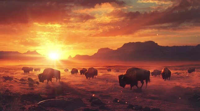 a group of bison in the badlands with a sunset in the background. Virtual 4K video animation background with looping time lapse with very smooth graphics.