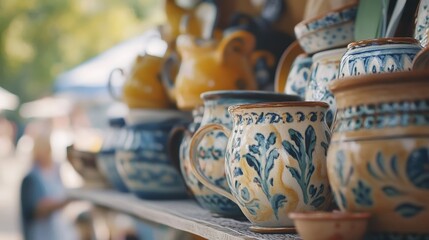 Handcrafted earthenware ceramic mugs and pots with rustic medieval designs in an outdoor display, showcasing intricate patterns and vibrant colors.