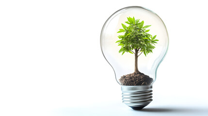 A glowing light bulb containing a growing tree, symbolizing innovation and green development