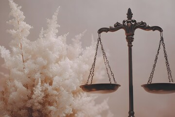 Scales of justice beside a bouquet of flowers, soft natural light, with space for text on a neutral background. Love Your Lawyer Day.