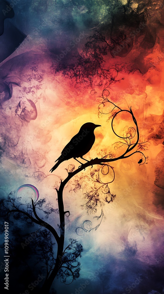 Poster silhouettes and compositions blending geometric, silhouette of bird on branch with colorful backgrou
