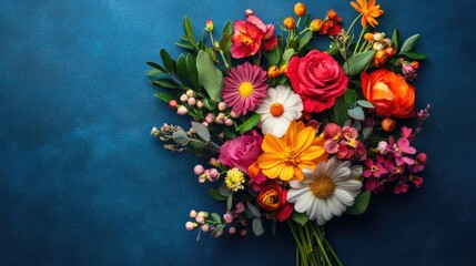 Obraz premium Gratitude card featuring a vibrant bouquet of spring and summer flowers against a deep blue backdrop ideal for flat lay displays.