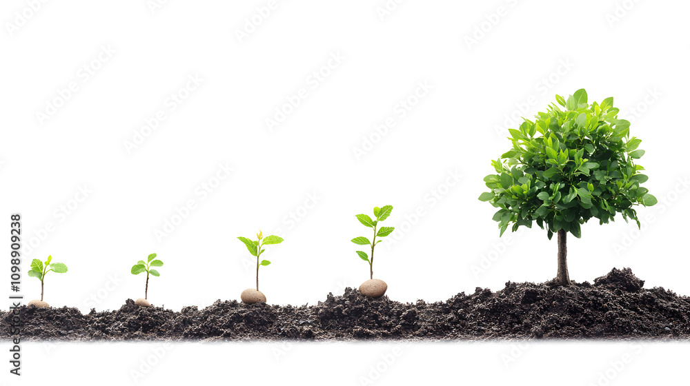 Poster a sequence showing a seed sprouting into a sapling and then into a full-grown tree