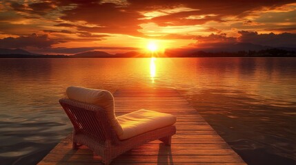 Fototapeta premium A peaceful pier stretches over a serene lake, ending with cozy chairs to relax and watch the sun's golden rays sparkle on the water. 