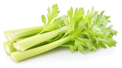 Vibrant green celery stalks with crisp texture arranged side by side against a clean white background, highlighting their freshness and natural appeal.