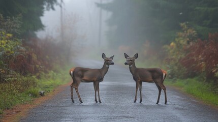 Fototapeta premium Misty Morning Encounter with Two Deer on a Foggy Road Surrounded by Forest Highlighting Wildlife Caution and Safe Driving Practices