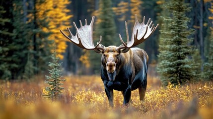 Majestic Bull Moose with Impressive Antlers Amidst Vibrant Fall Foliage, Capturing the Essence of Wilderness and Wildlife Photography