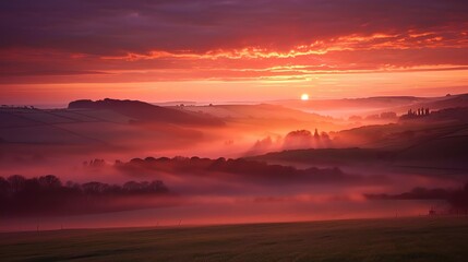 Obraz premium A scenic view of a valley and hills at sunrise with a warm glow of light and fog.