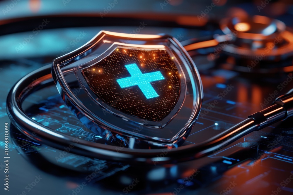 Poster a digital shield with a medical cross symbol sits on a stethoscope, representing the importance of p