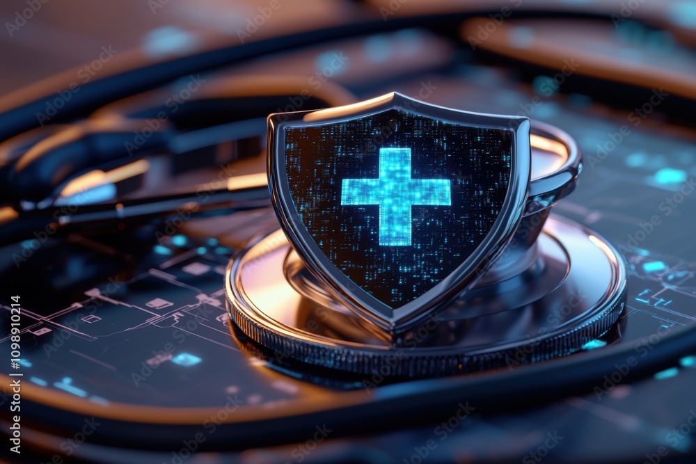 Poster a digital shield with a medical cross symbol sits on a stethoscope, representing the importance of p