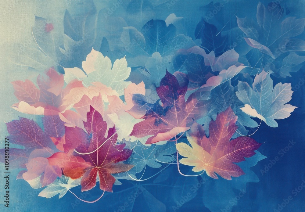Poster abstract floral composition with colorful translucent leaves on a gradient blue background, creating