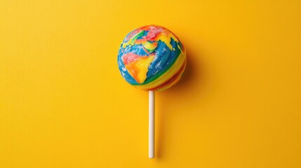 Colorful lollipop shaped like a globe on a bright yellow background, symbolizing a candy landscape and promoting environmental awareness and climate change themes.