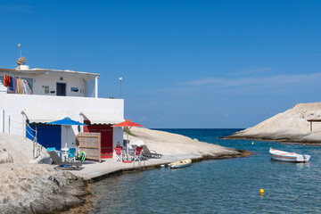 Fisherman's house overlooking the sea. Milos, Cyclades. Greece.