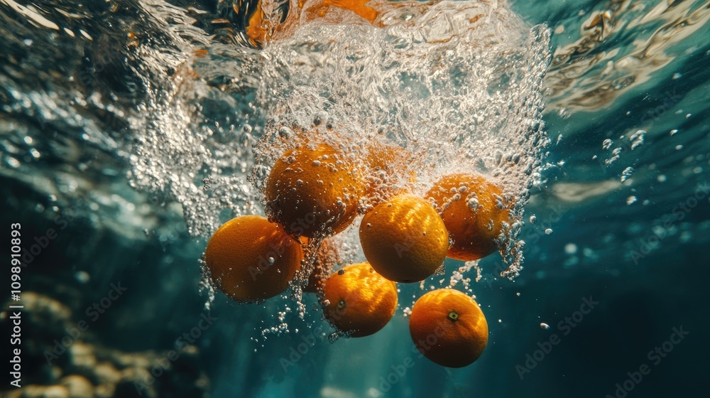 Poster fresh oranges splashing into clear water with bubbles and ripples creating a vibrant underwater scen