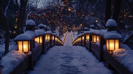 Serene Snow-Covered Bridge Adorned with Glowing Lanterns Under a Starry Night Sky