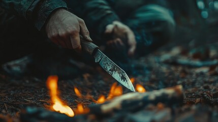 Survival techniques in the woods featuring a person using a knife for woodworking, focused on fire-making skills with flames in the background.