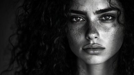 Fototapeta premium A close-up portrait of a young woman with curly hair and freckles in black and white.