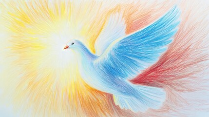 Obraz premium Kindergarten artwork shows a side view of the Holy Spirit as a dove glowing in golden light. The diffused light and the soft blue and white gradient background emphasize the purity of the sacred.