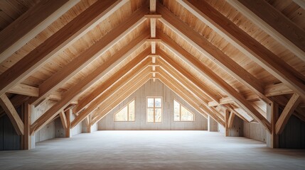 Spacious attic with exposed wooden beams and trusses, featuring large windows and a minimalist design, showcasing architectural craftsmanship at a building site