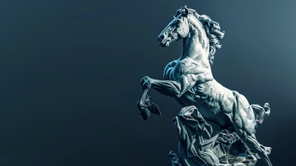 Fototapeta premium A majestic, white marble horse statue against a dark blue background.