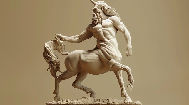 A 3D rendering of a white statue of a centaur holding a unicorn horn.