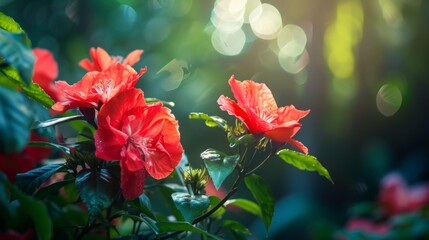 Obraz premium Close-up of vibrant red flowers in a lush green garden