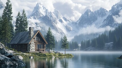 Obraz premium Beautiful landscape of A rustic log cabin with a stone chimney