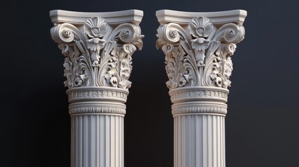 Obraz premium Isolated vintage columns showcasing intricate Corinthian details with floral motifs and fluted shafts, reflecting ancient Greek architectural elegance.