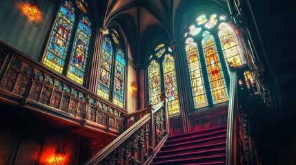 Fototapeta premium Beautiful elegant design of A Staircase Ascending Through a Gothic Hall With Ornate Stained Glass Windows