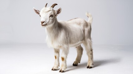 Fototapeta premium Young white goat standing on a plain background.