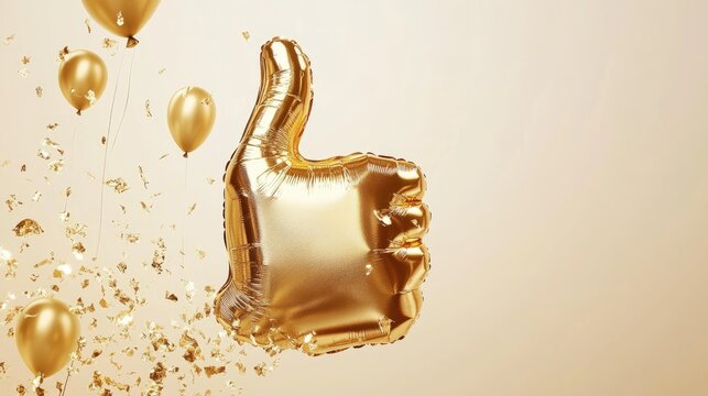 Gold thumbs up balloon illustration with festive gold balloons, celebrating a milestone of 3000 likes for social media engagement and recognition.
