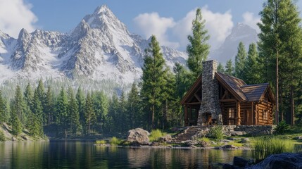 Obraz premium Beautiful landscape of A rustic log cabin with a stone chimney