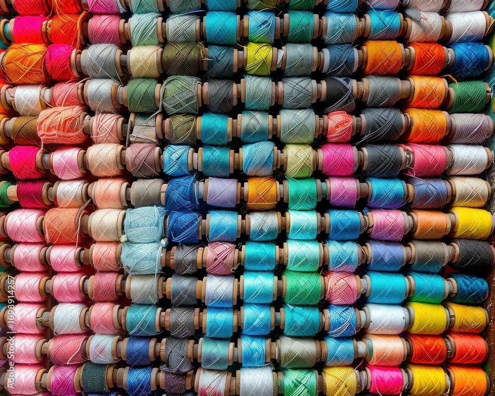 Poster a vibrant collection of colorful sewing threads neatly arranged on spools, showcasing a spectrum of 