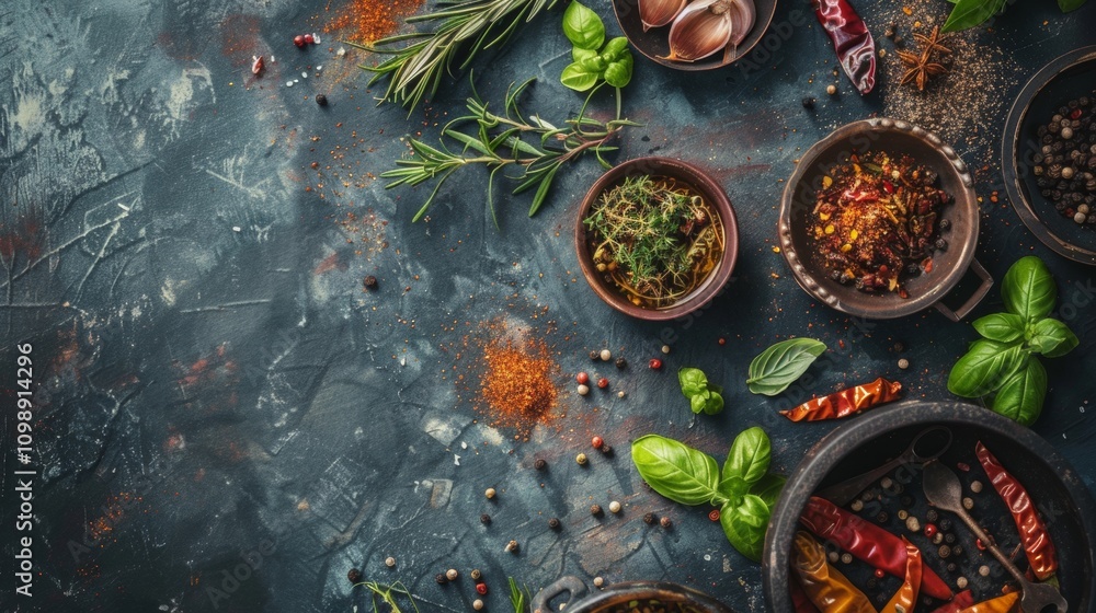 Poster herbs and spices in a rustic arrangement with a dark background
