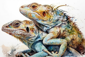 Obraz premium two iguanas located on top of each other. Their scales are bright and colorful, with patterns of green, blue, yellow and brown. Iguanas look realistic, with detailed eyes and skin texture. 
