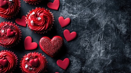 Close-up of red heart-shaped cupcakes adorned with love motifs and decorative hearts, set against a dark textured background.