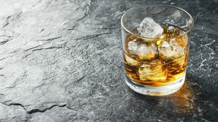 Whiskey glass filled with ice on a dark textured stone background with ample negative space for alcohol-themed designs and concepts