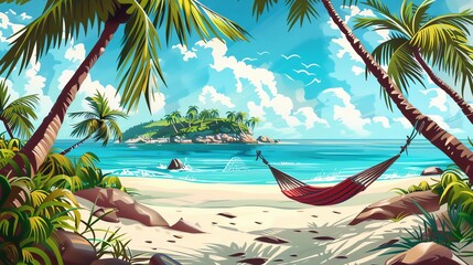 Naklejka premium A cartoon illustration of a tropical beach scene with palm trees and a hammock.