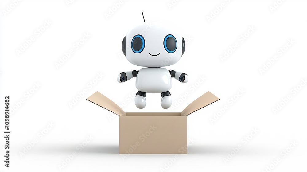 Poster Cartoon of a Robot Emerging from an Open Delivery Box with a Minimalist and Clean White Background Design