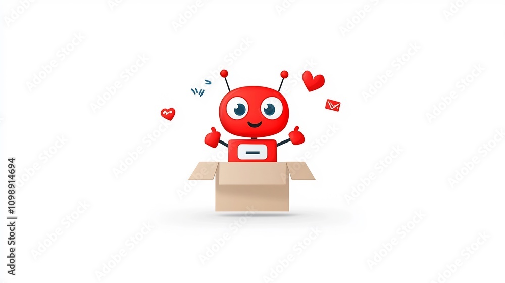 Poster Cartoon of a Robotic Character Emerging from an Open Delivery Box on a Clean Minimalist White Background Depicting Technology Innovation and Modern Design