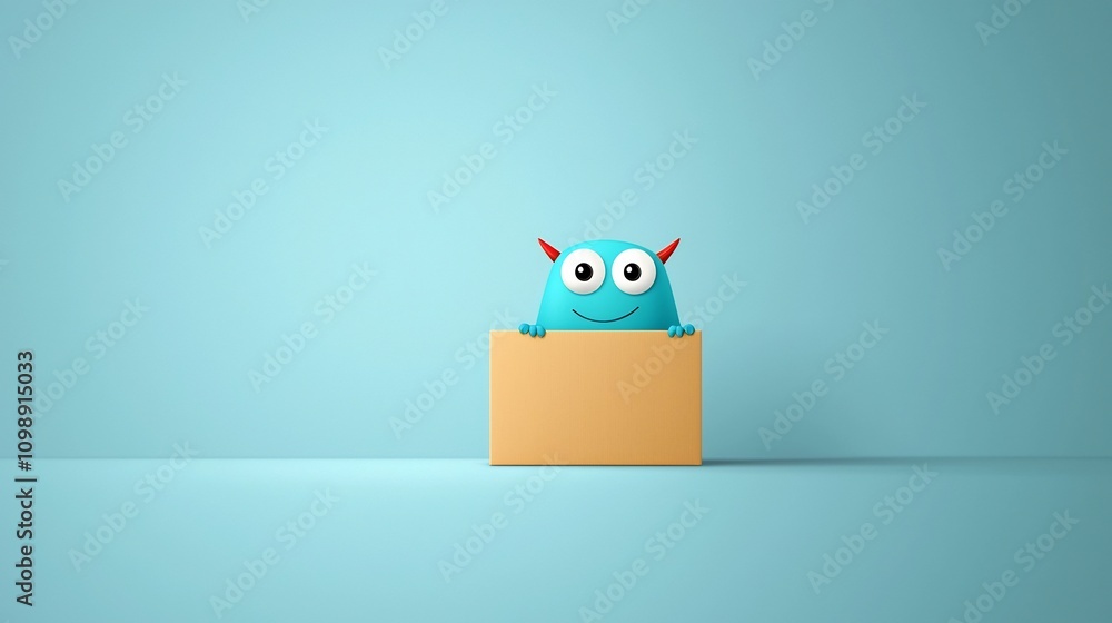 Aufkleber Cheerful cartoon monster character peeking curiously from a cardboard delivery box with a happy playful expression on a clean white background  for graphic design branding and advertising use