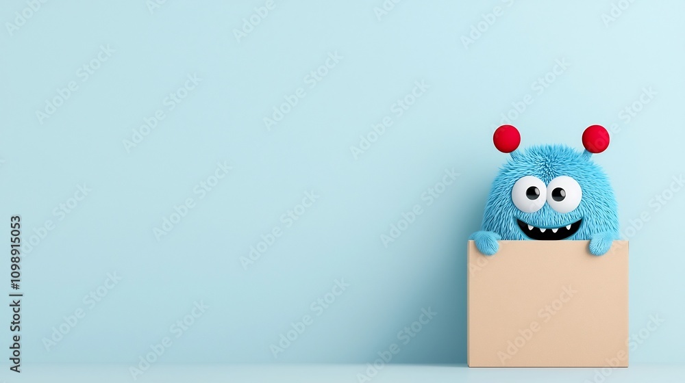 Aufkleber cute and happy cartoon monster character peeking curiously from a cardboard delivery box on a clean 