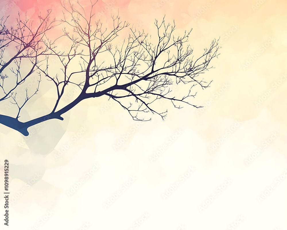 Poster silhouettes and compositions blending geometric, elegant tree branch silhouette against soft backgro