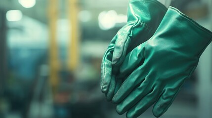 Labor Day promotional banner showcasing green gloves and tools with a blurred grey background, ideal for advertising and marketing materials.