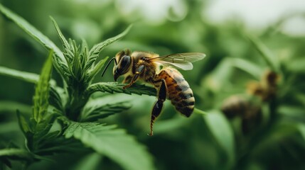 Close-up of a Honeybee Pollinating a Green Leafy Plant in Nature